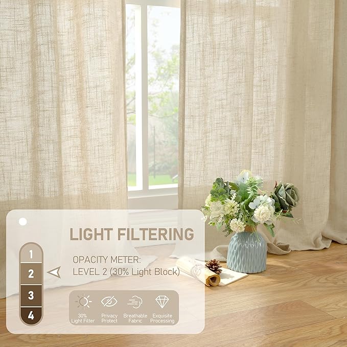 LAMIT Natural Linen Blended Curtains for Living Room, Back Tab and Rod Pocket Semi Sheer Curtains Light Filtering Country Rustic Drapes for Bedroom/Farmhouse, 2 Panels,52 x 120 Inch, Linen