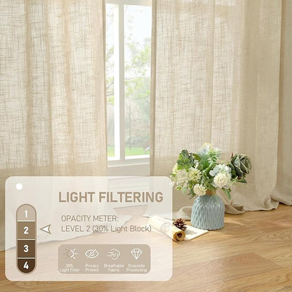 LAMIT Natural Linen Curtains 95 Inch for Living Room, Back Tab and Rod Pocket Linen Textured Semi Sheer Curtains Light Filtering Drapes for Bedroom/French Door, Set of 2, 52 x 95 Inch, Linen