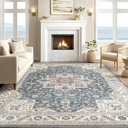 Vintage Living Room Area Rug 9x12 - Large Soft Washable Oriental Traditional Distressed Farmhouse Rugs for Bedroom - Indoor Floor Accent Carpet for Home Office House Decor - Vintage Blue