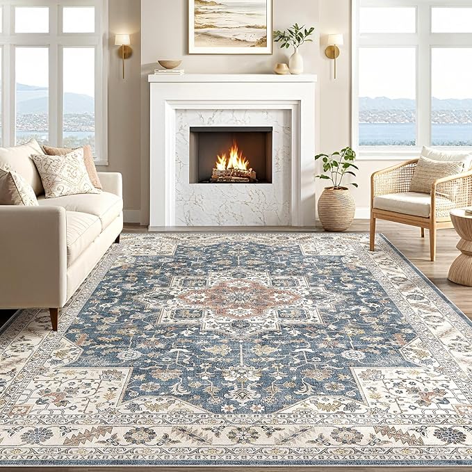 Vintage Living Room Area Rug 12x15 - Large Soft Washable Oriental Traditional Distressed Farmhouse Rugs for Bedroom - Indoor Floor Accent Carpet for Home Office House Decor - Vintage Blue