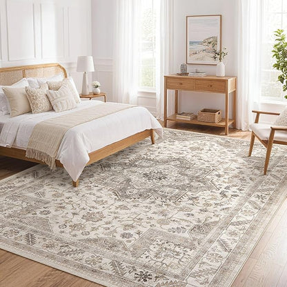 Vintage Living Room Area Rug 8x10 - Large Soft Washable Oriental Traditional Distressed Farmhouse Rugs for Bedroom - Indoor Floor Accent Carpet for Home Office House Decor - Light Brown