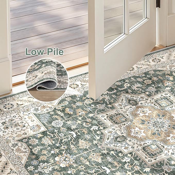 Vintage Entryway Area Rug 2x3 - Large Soft Washable Oriental Traditional Distressed Farmhouse Rugs for Bedroom - Indoor Floor Accent Carpet for Home Office House Decor - Vintage Green