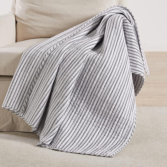 Levtex Home - Tobago Stripe Charcoal - Quilted Throw - 50x60in. - White, Charcoal - Reversible Pattern - Cotton Fabric