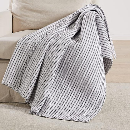 Levtex Home - Tobago Stripe Charcoal - Quilted Throw - 50x60in. - White, Charcoal - Reversible Pattern - Cotton Fabric