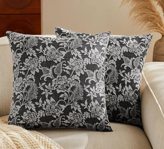 Floral Jacquard Throw Pillow Covers Set of 2, Background/Charcoal 16x16 Inch, Farmhouse Decorative Cotton Dark Grey Cushion Covers for Sofa Bed Living Room Home Decor