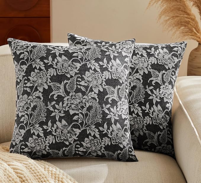 Floral Jacquard Throw Pillow Covers Set of 2, Background/Charcoal 18x18 Inch, Farmhouse Decorative Cotton Dark Grey Cushion Covers for Sofa Bed Living Room Home Decor