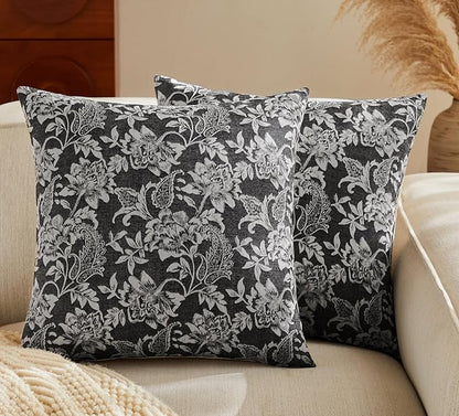 Floral Jacquard Throw Pillow Covers Set of 2, Background/Charcoal 18x18 Inch, Farmhouse Decorative Cotton Dark Grey Cushion Covers for Sofa Bed Living Room Home Decor