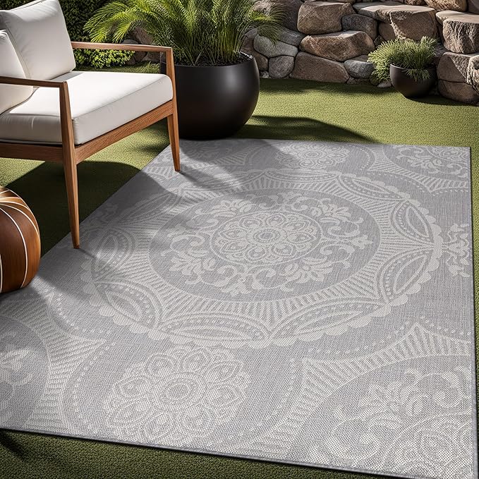 Medallion Outdoor Rug 8x10 Washable Outside Carpet for Indoor Patio Porch Waterproof Easy Cleaning Non Shedding Area Rugs Gray 8 x 10