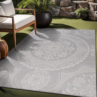 Medallion Outdoor Rug 8x10 Washable Outside Carpet for Indoor Patio Porch Waterproof Easy Cleaning Non Shedding Area Rugs Gray 8 x 10