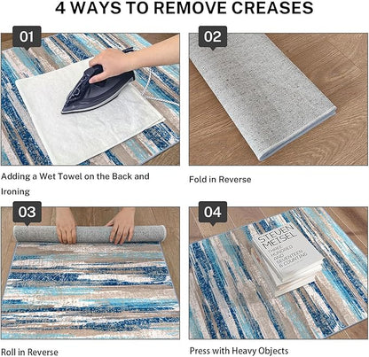 Modern Abstract Runner Rug 3x10, Blue Washable Kitchen Runner Non-Slip Soft Hallway Rug Runner Thin Print Faux Wool Carpet for Entryway Bedroom Laundry Room Indoor Home Office Decor