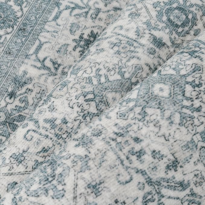 Area Rug 6x9 Blue Washable Living Room Carpet Soft Non Slip Vintage Bedroom Indoor Office Traditional Retro Distressed Large Thicker Throw Rug for Dining Room Kitchen Playroom