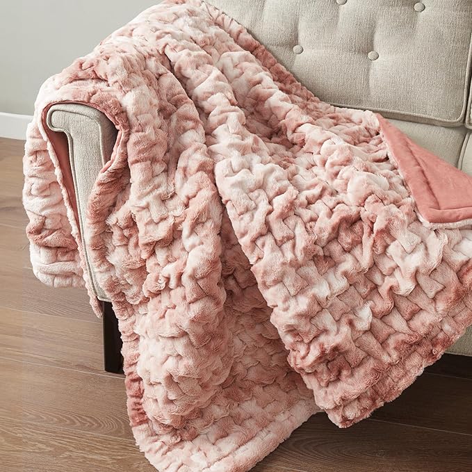 Madison Park Faux Fur Throw, Luxurious Ruched Texture, Fuzzy Warm, Plush Mink-Like Reverse, All Season, Lightweight & Cozy Blanket-Throw for Sofa, Couch, Living Room & Office 50" x 60" Pink Tie Dye