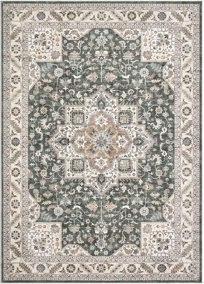 Vintage Living Room Area Rug 10x12 - Large Soft Washable Oriental Traditional Distressed Farmhouse Rugs for Bedroom - Indoor Floor Accent Carpet for Home Office House Decor - Vintage Green