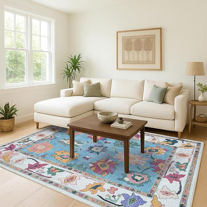 Fame Living Colorful Oushak Rug, Modern, Vintage, Turkish, Eclectic, Floral, Pastel, Washable, Area Rugs for Living Room, Dining, Bedroom, Office, Entryway, Foyer, Playroom, Nursery, 5'x6'9"