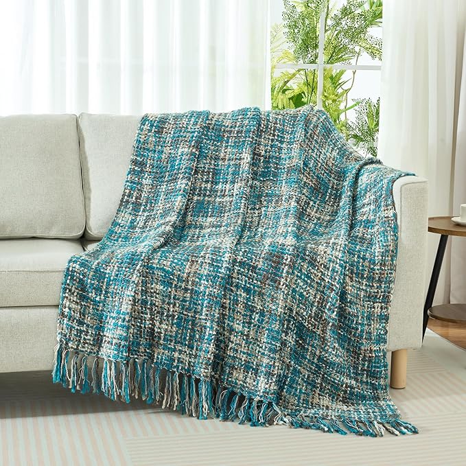 Multi-Color Teal Cable Knitted Throw Blanket for Couch,60"X80" Boho Style Textured Blankets for Home Decor,Super Soft Warm Cozy Chunky Knit Blanket with Decorative Tassels for Bed and Sofa