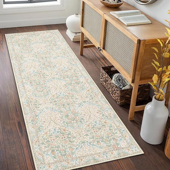 MUJOO Washable Runner Rug,Floral 2x6 Runners for Hallway Kitchen Bedroom Bedside Bathroom Laundry Room,Long Non Slip Throw Carpet Boho Indoor Neutral Vintage Ultra-Thin Light Green and Beige