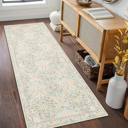 MUJOO Washable Runner Rug,Floral 2x6 Runners for Hallway Kitchen Bedroom Bedside Bathroom Laundry Room,Long Non Slip Throw Carpet Boho Indoor Neutral Vintage Ultra-Thin Light Green and Beige