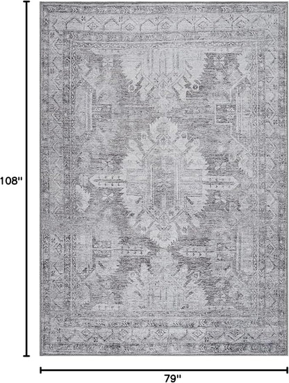 Bloom Rugs Washable 6' x 9' Rug - Ivory/Silver Gray Traditional Area Rug for Living Room, Bedroom, Dining Room, and Kitchen - Exact Size: 6' x 9'
