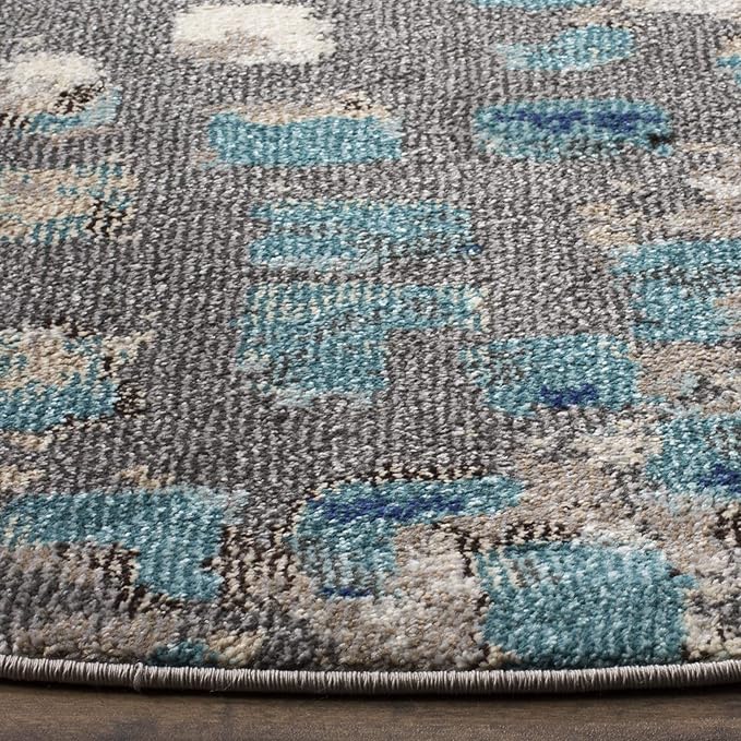 SAFAVIEH Monaco Collection Area Rug - 6'7" Round, Grey & Light Blue, Boho Chic Abstract Watercolor Design, Non-Shedding & Easy Care, Ideal for High Traffic Areas in Living Room, Bedroom (MNC225E)