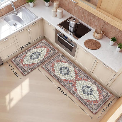 Boho Kitchen Mats for Floor 2 Piece Set Anti Fatigue Cushioned PVC Kitchen Rugs Non Slip Waterproof Farmhouse Mats 2/5 Inch Comfort Standing Mat for Sink, Laundry, 17.3"x59"+17.3"x28", Taupe Red