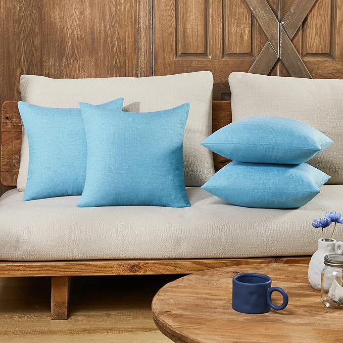 Deconovo Blank Pillow Covers Faux Linen Pillow Shams - Soft Cushion Covers Pillowcases for Patio 24x24 Inch, Lake Blue Set of 4 Case Only No Insert