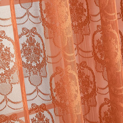 Burnt Orange Lace French Delicacy Curtains 63 Inches Long -Rod Pocket Luxury Vintage Bow Butterfly Sheer Flower Lace Curtains for Living Room Bedroom，52 x 63 Inch, 2 Panels