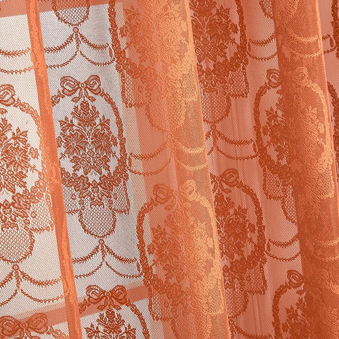 Burnt Orange Lace French Delicacy Curtains 84 Inches Long -Rod Pocket Luxury Vintage Bow Butterfly Flower Sheer Lace Curtains for Living Room Bedroom，52 x 84 Inch, 2 Panels