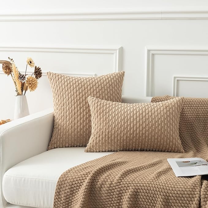 Kevin Textile 12x20 Inch Pillow Cover 1 Pack Boho Decorative Soft Striped Corduroy Lumbar Farmhouse Solid Color Accent Rectangle Cushion Case for Living Room Couch Sofa Bed, Tan