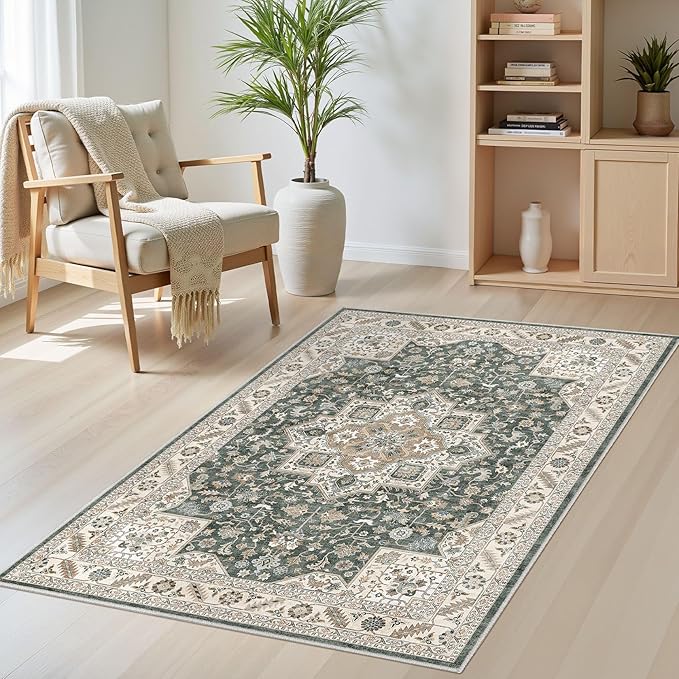 Vintage Living Room Area Rug 3x5 - Large Soft Washable Oriental Traditional Distressed Farmhouse Rugs for Bedroom - Indoor Floor Accent Carpet for Home Office House Decor - Vintage Green