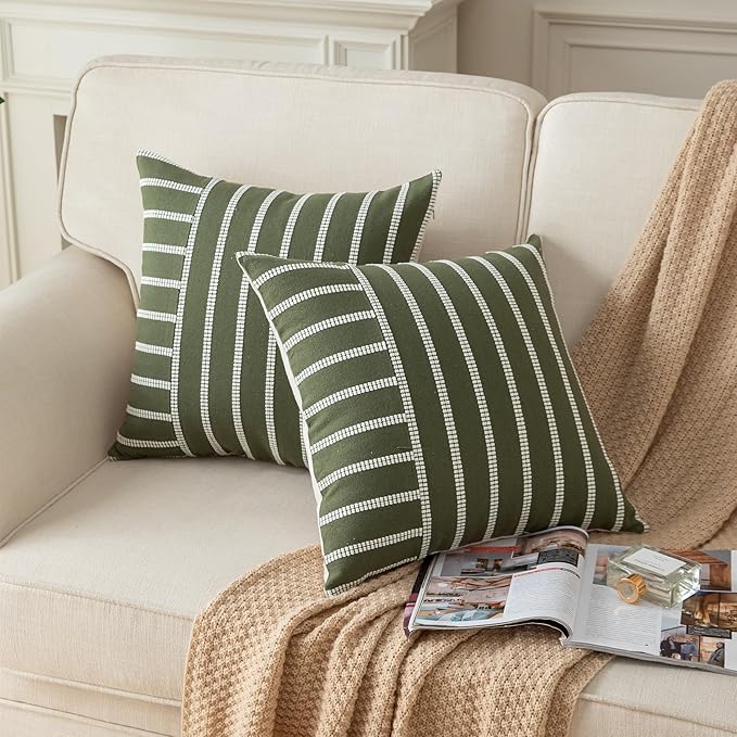 Caflife Boho Throw Pillow Covers 20x20 Set of 2 Soft Farmhouse Decorative Couch Pillow Cases Green Striped Pillow Covers Neutral Cushion Covers for Sofa Bed Living Room Home Decor