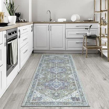 Bloom Rugs Washable Non-Slip 10 ft Runner - Green/Blue Traditional Medallion Runner for Entryway, Hallway, Bathroom, and Kitchen - Exact Size: 2.5' x 10'