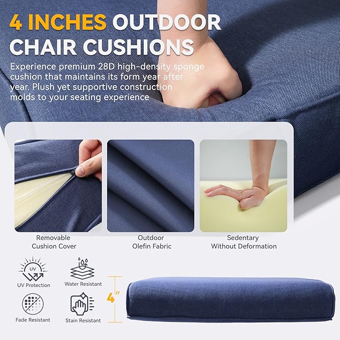 Patio Cushions for Outdoor Furniture - 22" x 25" x 4" UV Resistant Thick Foam Cushions Water Resistant Replacement Cushion for Outdoor Patio Furniture Chair/Sofa/Couch | Blue | 2-Pack |