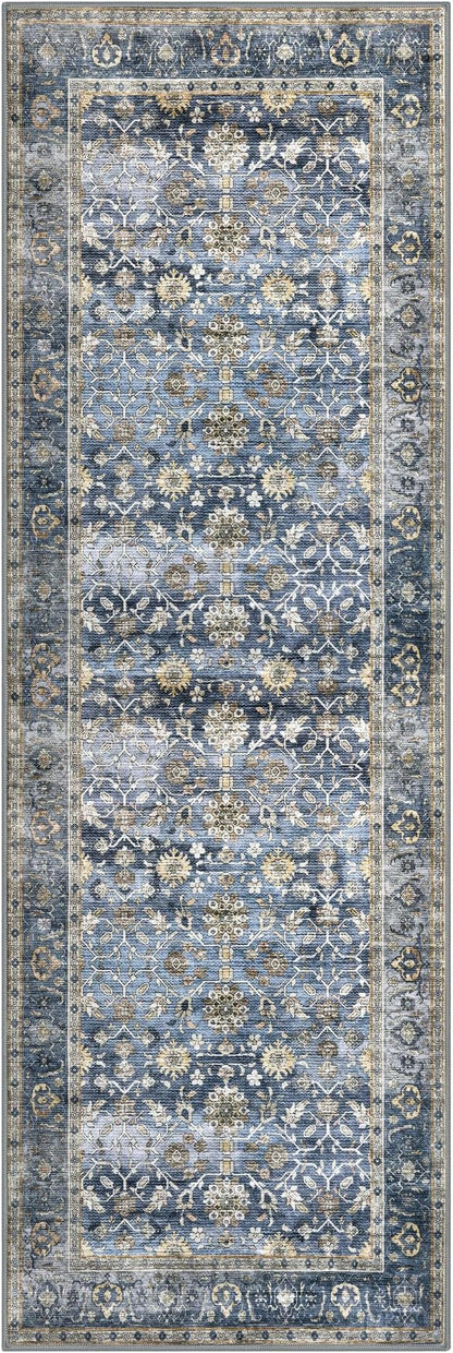 KUTA Vintage Washable Runner Rug, 2x6 Blue Grey Beige Runners for Hallways Non-Slip Kitchen Rugs Ultra Thin Soft Printed Oriental Floral Floor Carpet for Laundry Bedroom Living Room Nursery