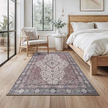 Bloom Rugs Washable Non-Slip 4' x 6' Rug - Cream/Green Traditional Medallion Area Rug for Living Room, Bedroom, Dining Room, and Kitchen - Exact Size: 4' x 6'