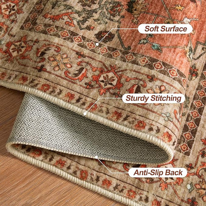 Tangsoo Boho 6x9 Area Rug Washable for Living Room, Vintage Rug Indoor Non Slip Large Area Rugs, Print Distressed Terracotta Carpet, Soft Low Pile Rug Foldable Floor Rugs for Bedroom Dining Room Dorm