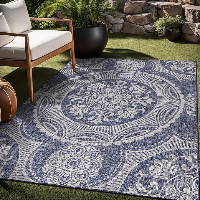 Medallion Outdoor Rug 9x12 Washable Outside Carpet for Indoor Patio Porch Waterproof Easy Cleaning Non Shedding Area Rugs Blue 9 x 12