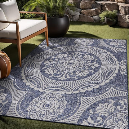 Medallion Outdoor Rug 8x10 Washable Outside Carpet for Indoor Patio Porch Waterproof Easy Cleaning Non Shedding Area Rugs Blue 8 x 10