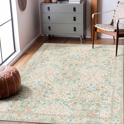 MUJOO 3x5 Rug Washable,Floral Area Rug for Bedroom Office Entryway Living Room Bedside,Small Throw Carpet Boho Non Slip Indoor Floor Neutral Vintage Ultra-Thin Light Green and Beige