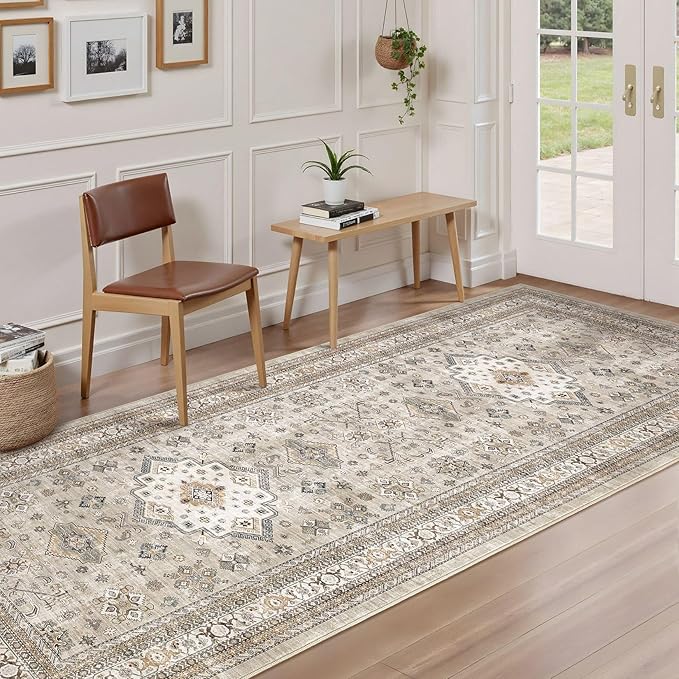 Vintage Hallway Runner Rug 3x14: Large Soft Washable Entryway for Kitchen Laundry Room Non-Slip Backing Runner for Entrance Living Room Bedroom Bathroom - Beige