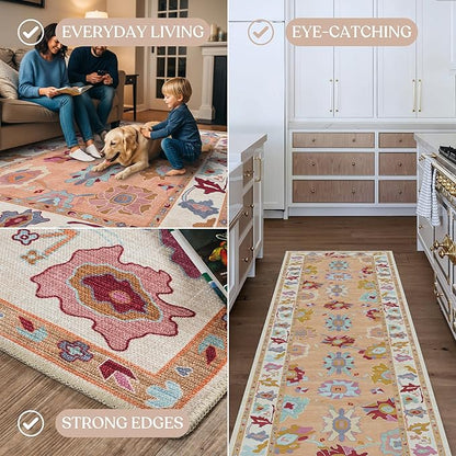 Fame Living Orange Oushak Rug, Vintage Turkish Eclectic Floral Sweet Pastel Large Runner Rugs for Hallway Kitchen Living Room Dining Bedroom Kitchen Bathroom 2'5"x13'