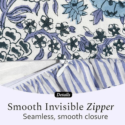 CPC Indigo Blue 100% Cotton Block Print Ruffle Sham Cover 20X36 inch Pack of 2, Handmade Boho Floral Pillowcase, Soft Decorative King Bed Pillow Cover for Bedroom Décor