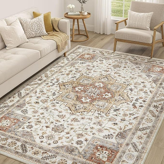 Vintage Living Room Area Rug 7x9 - Large Soft Washable Oriental Traditional Distressed Farmhouse Rugs for Bedroom - Indoor Floor Accent Carpet for Home Office House Decor - Golden Taupe