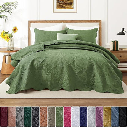IR Imperial Rooms Twin Quilt Bedding Set Size (68” x 86”) + 1 Pillow Shams (20” x 26” + 2”) - 2 Pcs All Season Lightweight Reversible Microfiber Coverlet Floral Embossed Quilt Bedspread (Olive Green)