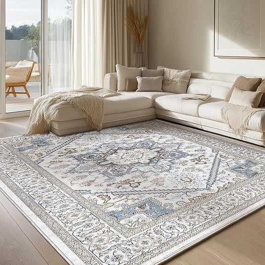 OPPODREAM Thin Neutral Area Rugs 4x6, Low-Pile Washable Rugs 4x6 with Non Slip Backing, Faux Cashmere 4 x 6 Throw Carpet, Cream White & Blue & Light Brown
