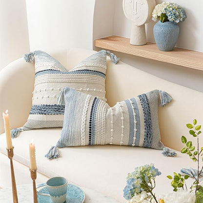 BlissBlush Decorative Lumbar Throw Pillow Cover 14x24 Boho Coastal Blue Accent Cushion for Couch Sofa Farmhouse Pillowcase for Bedroom Living Room Home Décor Cover ONLY