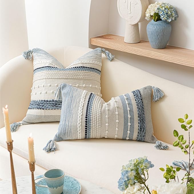 BlissBlush Coastal Blue Boho Decorative Throw Pillow Cover 22x22 Modern Bohemian Accent Pillow Case Square Woven Textured Farmhouse Pillows for Couch Bed (Pack of 1)