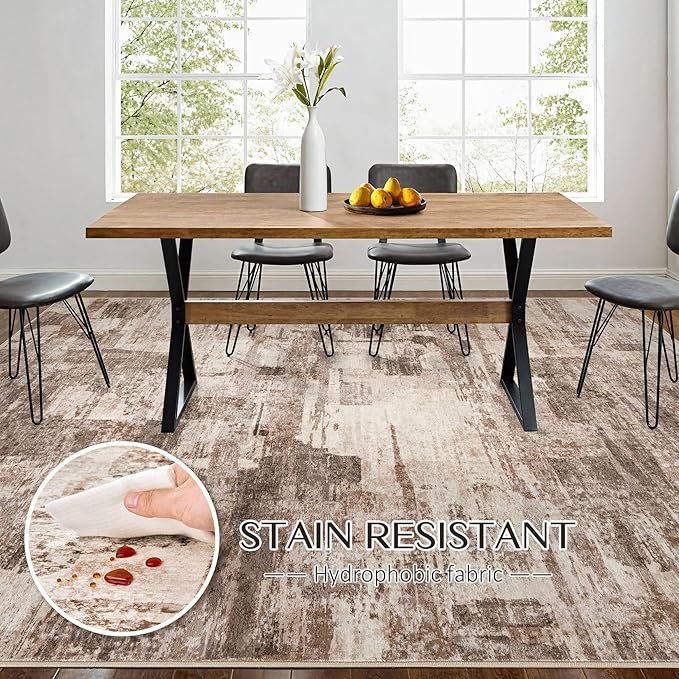 Abstract Living Room Rug 5x7 - Modern Washable Soft Thin Area Rug for Living Room Bedroom Under Dining Table - Neutral Indoor Floor Rug Carpets for Home Office Playroom Nursery - Brown
