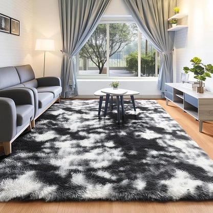 ONASAR Black and White Rugs for Bedroom Living Room, Washable Fluffy 4x6 Indoor Bedside Floor Throw Area Rug, Soft Plush Shaggy Carpet for Nursery Kids Girls Boys Teen Dorm Home Decor Aesthetic