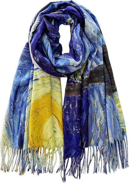 VENVSBEE Reversible Scarf Soft Large Shawl Wrap Blanket Double Sided Art Print Warm Pashmina Stoles Klimt Van Gogh Gifts