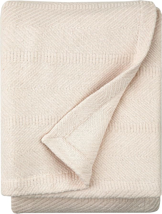 Sticky Toffee Cotton Throw Blanket, 60 x 50 Inch, Ivory Cream Herringbone Weave, Soft Lightweight Woven Blanket for Couch, Boho Farmhouse Style
